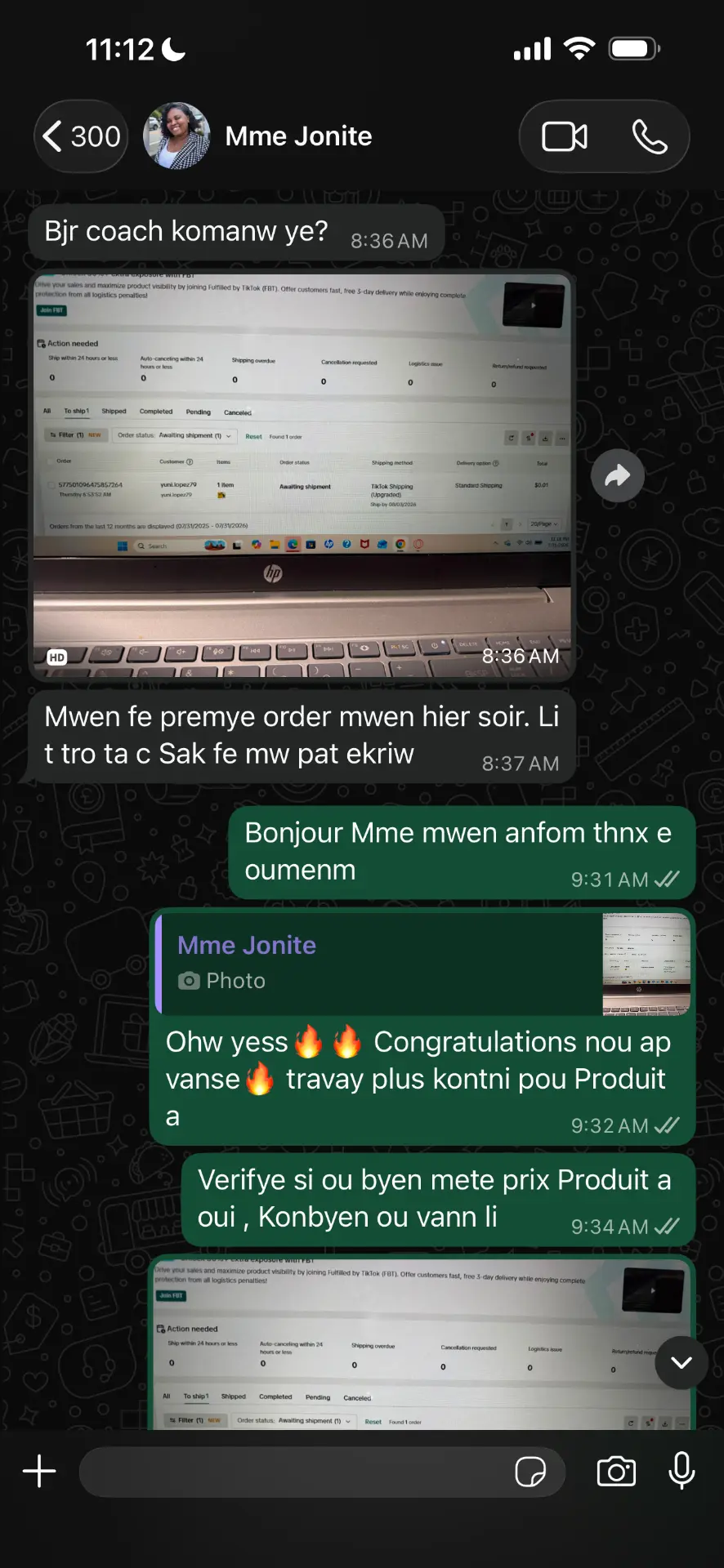 Premye order li fèt — dashboard la pale